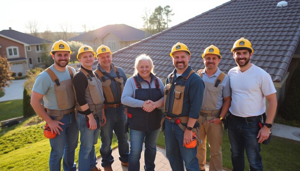 satisfied roofing customer team