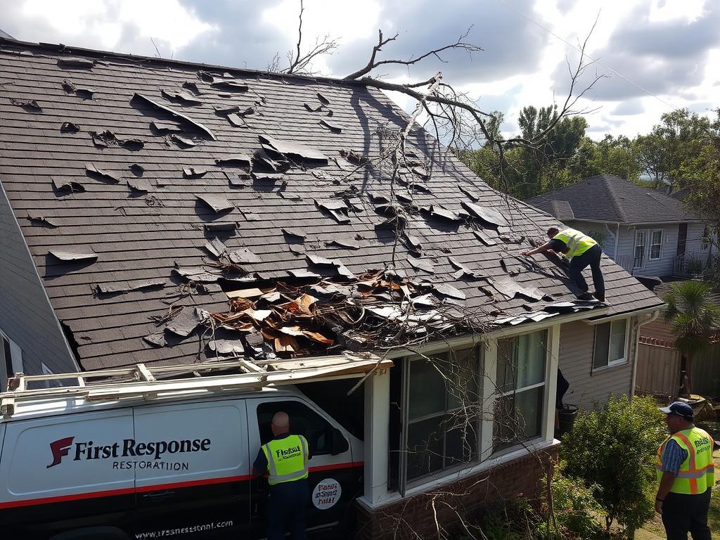 A storm-damaged residential roof with cracked and missing asphalt shingles, surrounded by debris and broken tree branches. In the foreground, a First Response Restoration work crew is carefully assessing the damage, their uniforms and tools visible. Sunlight filters through the clouds, casting dramatic shadows and highlighting the urgency of the situation. The middle ground showcases the roof's structural integrity, with exposed framing and water damage visible. The background depicts the neighborhood, with other homes and trees also showing signs of the recent storm's impact. The overall scene conveys the need for professional storm damage restoration services to repair and protect the home.