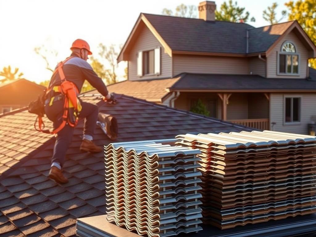 A visually stunning image of comprehensive roofing services, showcasing the expertise of First Response Restoration. In the foreground, a skilled roofer in a safety harness meticulously installs high-quality asphalt shingles, capturing the precision and care of their workmanship. In the middle ground, a neatly stacked pile of metal roofing panels stands ready for installation, hinting at the versatility of the services offered. In the background, a well-maintained residential home with a freshly replaced roof, bathed in warm, golden sunlight, exemplifies the exceptional results achieved by the experienced team at First Response Restoration.