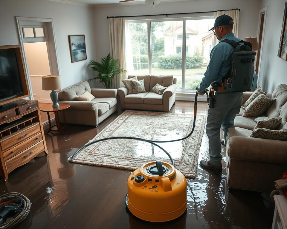 A busy scene illustrating professional water damage restoration in a residential home. In the foreground, a technician in professional attire, equipped with water extraction equipment, is actively removing water from a flooded living room. The middle ground features sodden furniture, a wet carpet, and visible water stains on the walls, reflecting the urgency of the situation. The background showcases a soaked window with sunlight streaming in, highlighting the contrast between the devastation and the hope of restoration. The room is filled with soft, natural lighting, creating a focused yet calm atmosphere. The angle is slightly overhead, giving a comprehensive view of the restoration process while maintaining a professional and informative mood.