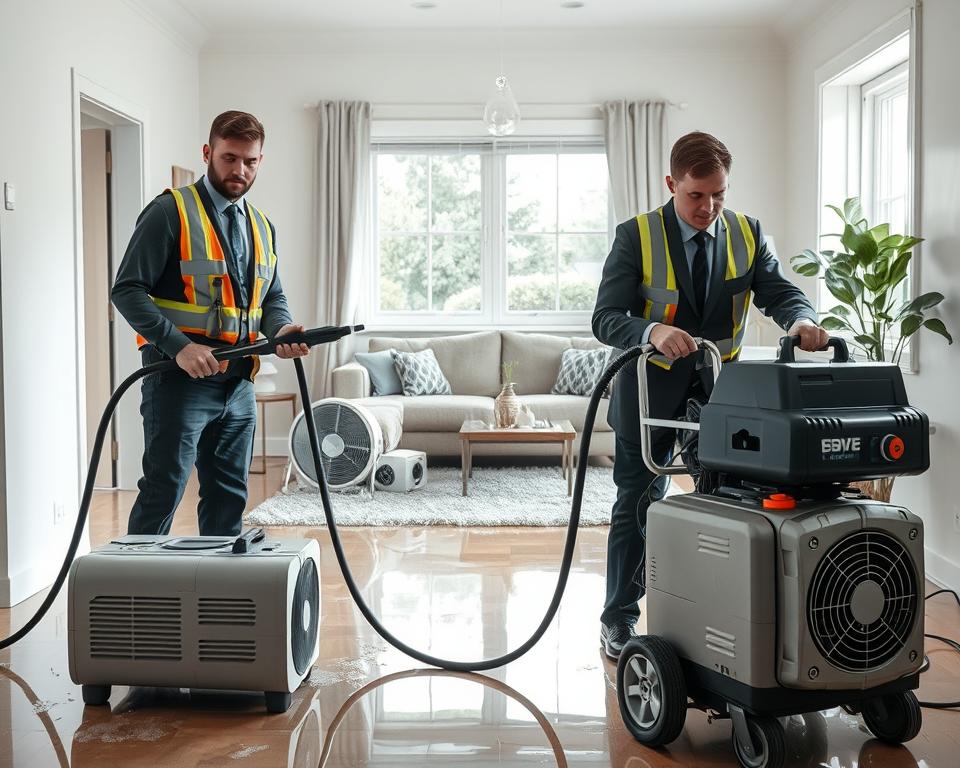 A clean, professional scene of a residential water damage restoration process. In the foreground, a team of two technicians in professional business attire operate modern water extraction equipment while wearing safety gear. The middle layer features a partially flooded living room, with water-damaged furniture and soaked carpets. Visible drying fans and dehumidifiers are strategically placed, emphasizing the drying process. In the background, a window lets in natural light, creating a bright and optimistic atmosphere, while a subtle falling water droplet adds a sense of urgency. The composition should be well-lit, highlighting the technicians' focused expressions and the challenging environment they are managing, conveying a mood of professionalism and expertise in a home restoration scenario.