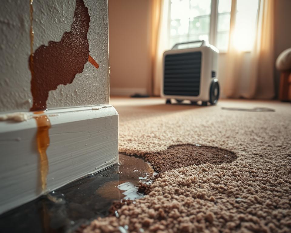 A close-up view of a water-damaged interior of a home, showcasing distinct signs of water damage restoration needs. In the foreground, a section of drywall shows peeling paint and brown water stains, with a drip of water just visible. In the middle, a carpet is visibly soaked, with darker patches highlighting the moisture. A dehumidifier is placed nearby, actively working to extract dampness. In the background, soft natural light floods through a window, casting a warm glow that contrasts with the cool, damp colors of the damaged areas. The mood conveys urgency but also hope, emphasizing the need for immediate action and restoration services in a residential setting. The scene is professionally framed, with a focus on detail and texture.