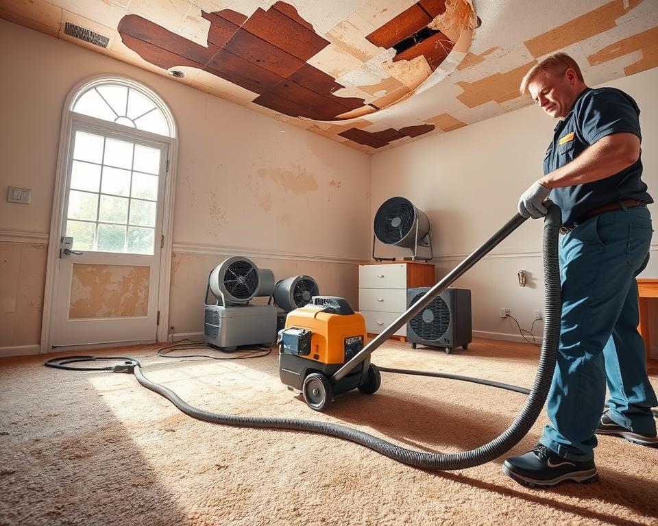 A detailed illustration of a water damage restoration process inside a residential home in Sarona, WI. In the foreground, show a professional restoration technician wearing a uniform, operating a water extraction vacuum on wet carpeting, with a focus on their concentrated expression. The middle ground features damp, discolored walls and ceiling, showcasing peeling paint and water stains. Display industrial fans and dehumidifiers in action, creating a sense of urgency in the drying process. The background reveals a sunny day outside through a window, contrasting the indoor scene, emphasizing hope and restoration. Use bright, natural lighting to enhance clarity and realism, capturing a clean, professional atmosphere. The angle is slightly low to highlight the technician's work while providing a panoramic view of the affected area.
