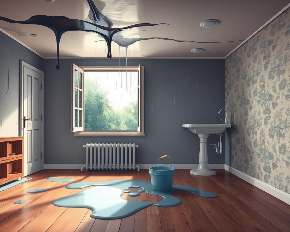 A detailed illustration of common causes of water damage in a residential setting. In the foreground, show a leaking ceiling with visible water stains and drooping paint. In the middle ground, depict an open window letting in rain, with puddles forming on the wooden floor. Include a broken pipe beneath a sink, with water dripping into a bucket. In the background, illustrate a damp wall with peeling wallpaper. Use soft, natural lighting to create an atmospheric feel, highlighting the various sources of water damage. Capture this with a slightly angled view to evoke a sense of depth, emphasizing the urgency of water damage restoration. The overall mood should convey concern yet provide a clear educational focus on water damage causes.