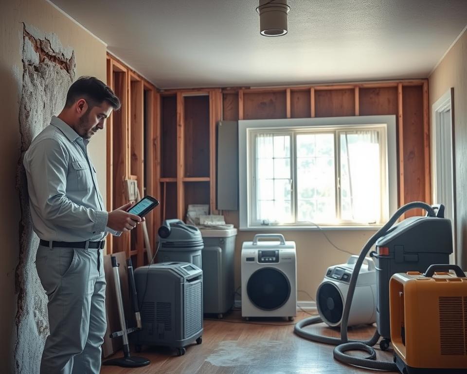 A detailed, realistic scene depicting the water damage restoration process in a residential setting. In the foreground, a professional restoration technician, dressed in a clean uniform, inspects a water-damaged wall with moisture meters and tools. In the middle, various equipment such as dehumidifiers, fans, and wet vacuums are actively working to remove moisture from the area. The background shows a partially exposed wooden structure, highlighting the effects of water damage, with a soft focus on the remaining intact walls. Natural light filters in through a window, casting a warm glow across the scene, creating an atmosphere of hope and rejuvenation. The composition is clean and organized, emphasizing professionalism and care in the restoration process.