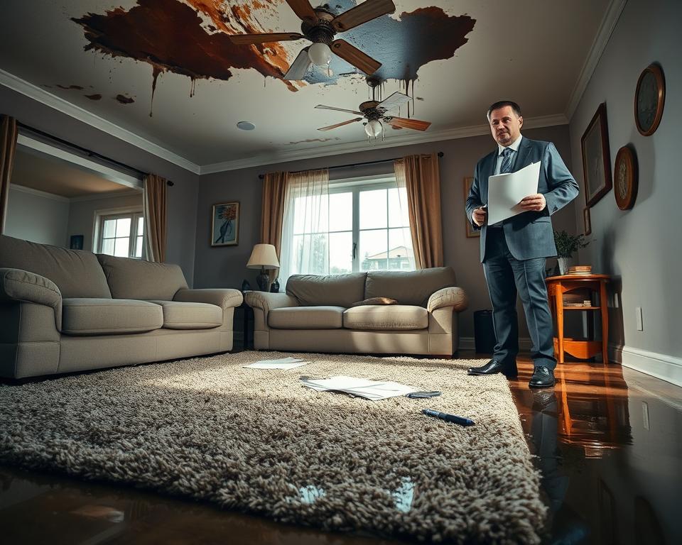 A detailed scene depicting a living room affected by water damage. In the foreground, a partially submerged carpet soaked in water with furniture pushed aside; a coffee table with scattered insurance claim papers and a pen. The middle ground features a concerned homeowner in professional attire, evaluating the damage while holding a folder of documents. In the background, a stained ceiling dripping with water and a wet wall reveal peeling paint. The room is dimly lit, with soft natural light filtering through a window, casting shadows that highlight the severity of the situation. The atmosphere conveys urgency and concern, illustrating the process of assessing damages for an insurance claim related to water damage in a residential setting.