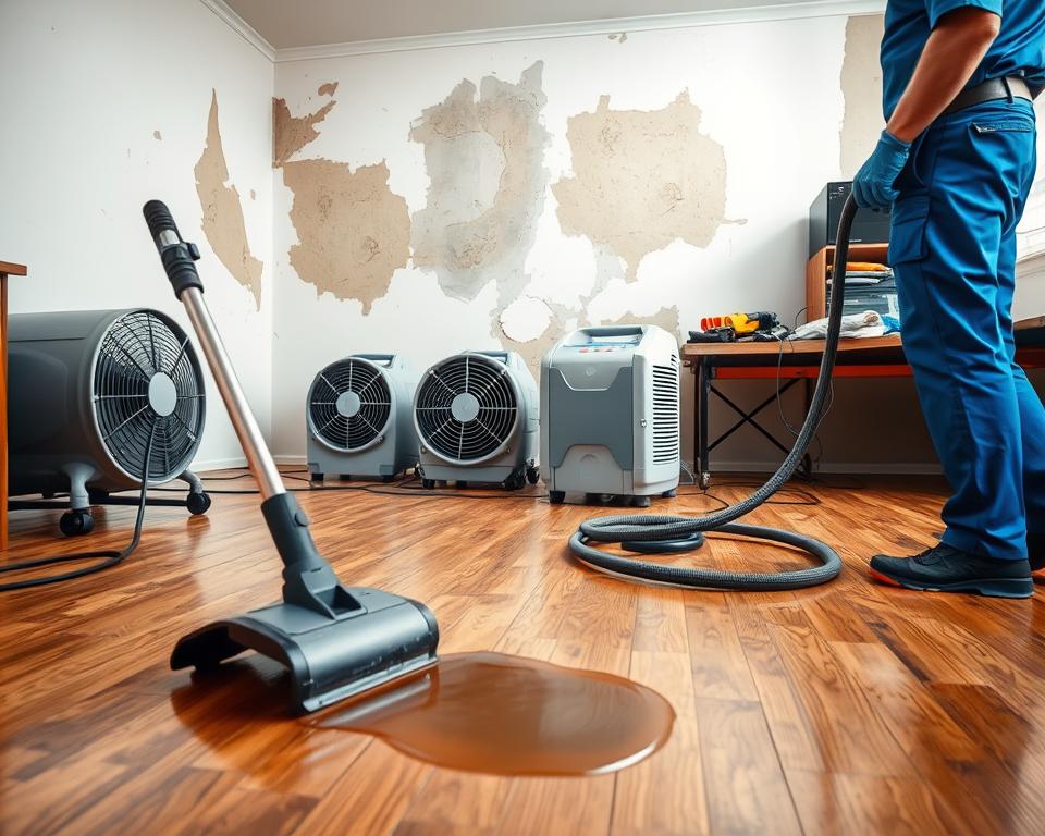 A detailed scene depicting a residential water damage restoration process, set indoors. In the foreground, a professional technician in a blue uniform and gloves uses a water extraction tool, focusing on a small puddle on a wooden floor. In the middle, bright industrial fans and dehumidifiers are positioned around the room, drying out damp surfaces and enhancing the restoration atmosphere. The background features slightly damaged drywall with visible water stains and tools organized neatly on a work table, showcasing an orderly workspace. The lighting is bright and even, illuminating the entire scene, creating a sense of urgency yet professionalism. The mood is one of diligence and efficiency, capturing the essence of effective water extraction services.