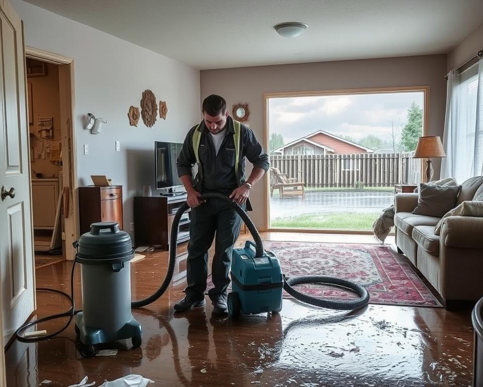 A detailed scene of a residential property in Wyoming, MN, showing the aftermath of a flood, emphasizing the damage and restoration efforts. In the foreground, a professional technician in modest work attire is using specialized equipment to remove water from the affected areas, such as a wet vacuum. The middle ground features visibly damaged walls and furniture, with water stains and debris clearly visible. In the background, a partially flooded yard can be seen with rain clouds in the sky, adding to the somber mood. The lighting is soft but clear, highlighting the contrast between the damaged and intact parts of the home. The atmosphere conveys urgency and the need for professional restoration, evoking a sense of trust and reliability in the service.