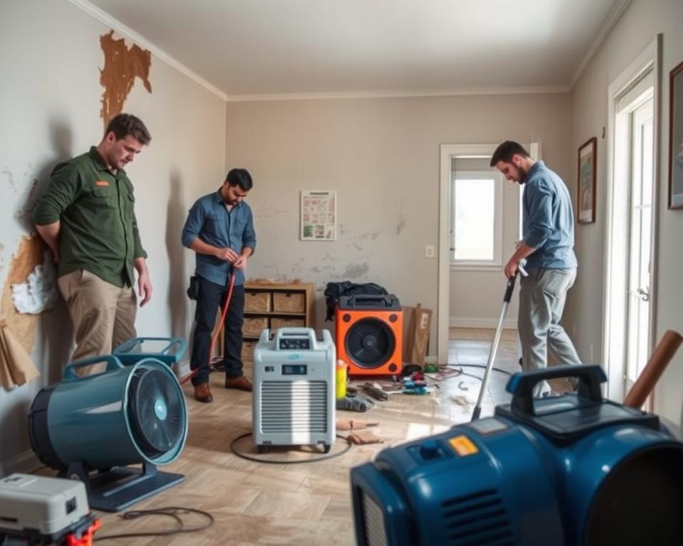 A detailed scene of a water damage restoration company in action within a residential setting. In the foreground, a team of two professionals in modest casual clothing, one inspecting water-damaged walls and the other operating a water extraction machine. In the middle, display equipment like industrial fans, dehumidifiers, and tools arranged methodically around the affected area. The background shows a well-lit, partially renovated room with visible water stains and some recovery progress. Soft, natural light streams in through a window, enhancing the atmosphere of hope and renewal. The mood is focused and professional, highlighting the importance of the restoration process after water damage. Use a wide-angle lens to capture the entire scene in crisp detail.