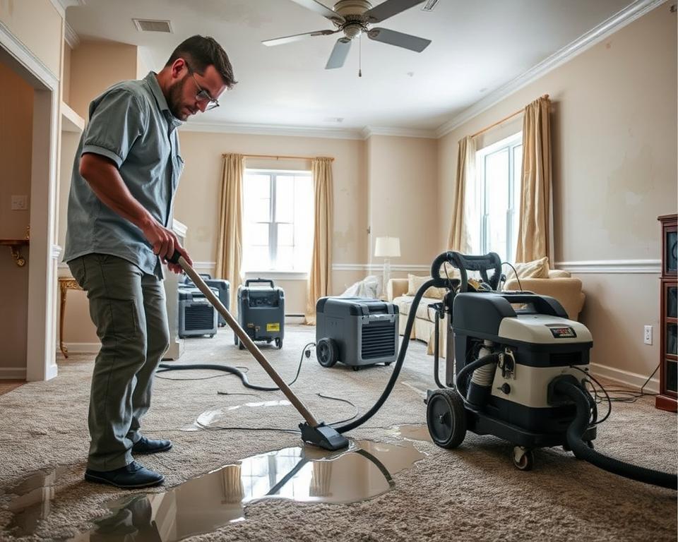 A detailed scene showcasing the water damage restoration process in a residential home. In the foreground, a professional restoration technician in modest casual attire uses specialized equipment to extract water from a soaked carpet. In the middle, an open living room reveals affected walls with peeling paint and damp spots, while drying equipment is strategically placed around the space. The background features a window allowing natural light to flood in, illuminating the restoration efforts. The atmosphere is focused and industrious, evoking a sense of urgency and professionalism. The lighting is bright and clear, enhancing the visibility of water stains and damaged areas, captured from a slightly elevated angle to provide an encompassing view of the scene.