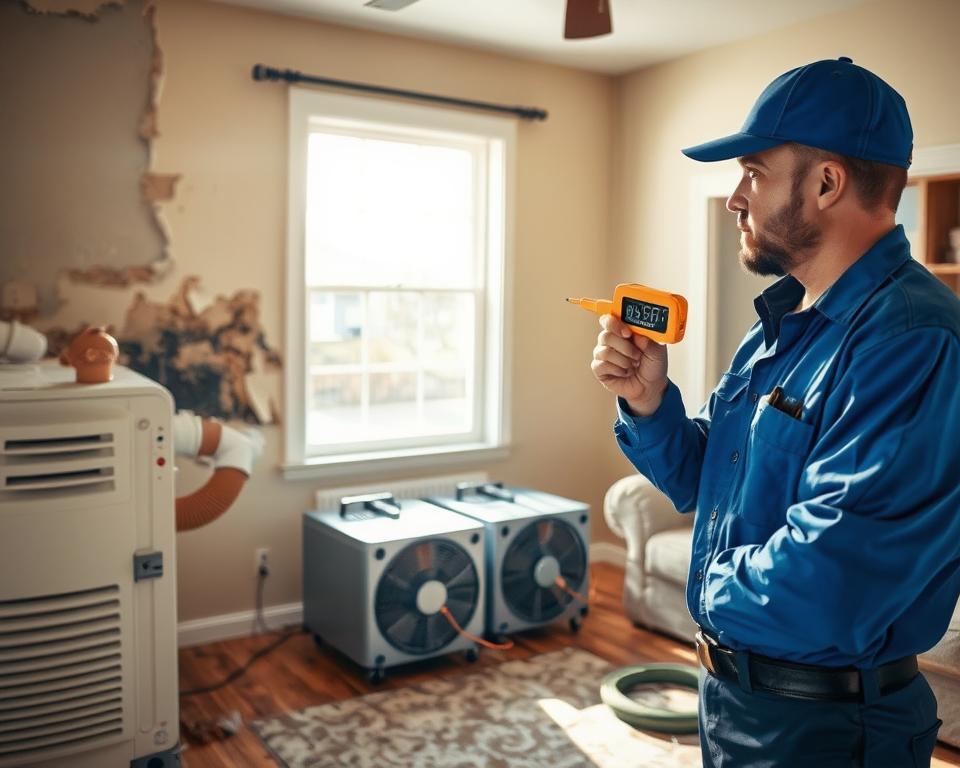 A detailed scene showcasing the water damage restoration process in a residential setting. In the foreground, a professional technician in a blue uniform carefully inspects a water-damaged living room, using a moisture meter against a damaged wall with peeling paint. The middle ground features equipment such as industrial dehumidifiers and fans actively drying the area. In the background, the sunlight streams through a window, illuminating the scene and casting realistic shadows that enhance the mood of diligent restoration work. The atmosphere is one of professionalism and efficiency, reflecting a well-organized restoration effort to bring the home back to its original state. The focus is sharp, at eye level, capturing the urgency and care involved in the restoration process without any distractions.