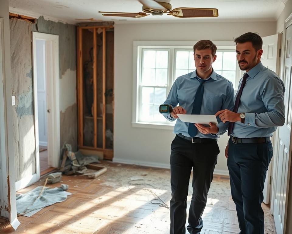A focused scene depicting Rush City water damage experts assessing a residential property affected by water damage. In the foreground, two professionals in neat business attire, one holding a moisture meter and the other examining damaged drywall, display a serious and analytical demeanor. In the middle ground, the interior of the home shows signs of water damage: stained walls, wet flooring, and exposed insulation. The background captures windows with sunlight filtering through, casting soft shadows that enhance the atmosphere. The overall mood should convey urgency and professionalism, highlighting the importance of restoration services. Use natural lighting to create a realistic view, and apply a slight depth of field to draw attention to the experts and the water damage details.