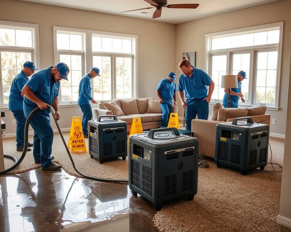 A professional team in blue uniforms actively conducting emergency water damage cleanup in a residential living room. In the foreground, a worker uses a wet vacuum to extract water from soaked carpets, while another adjusts industrial dehumidifiers. The middle shows furniture pushed to one side and bright yellow caution signs indicating wet floors. In the background, large windows with sunlight streaming in through clear panes create a warm, hopeful atmosphere despite the damage. The scene captures urgency, with tools and water extraction equipment prominently displayed, emphasizing the importance of immediate response in restoration efforts. The overall mood is one of professionalism and determination, showcasing a typical Chisago City home environment.
