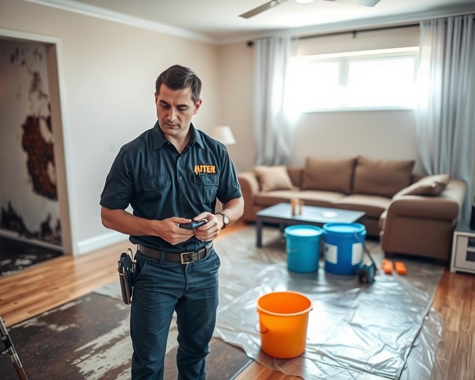 A professional water damage restoration company in action, depicted in a residential setting where a living room shows visible signs of water damage, such as damp walls and soaked furniture. In the foreground, a well-dressed technician wearing a branded uniform examines the area with a moisture meter, emphasizing their expertise and commitment to service. In the middle ground, a containment barrier made of plastic sheeting indicates the area is being treated, while buckets and restoration equipment are subtly arranged nearby. The background features bright, natural lighting streaming through a window, creating a hopeful and reassuring atmosphere. The image should convey professionalism, trust, and a sense of hope for restoration.