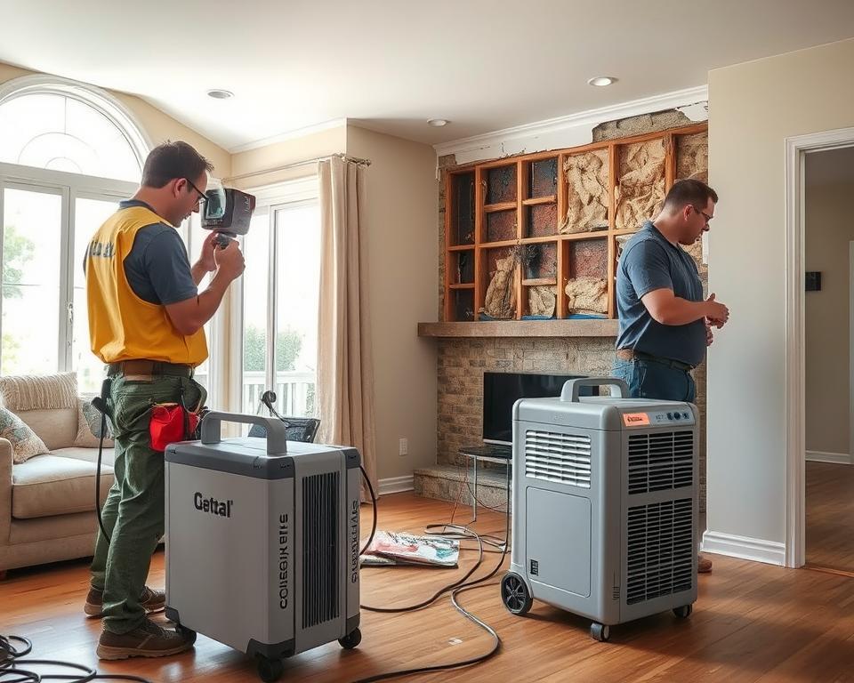 A professional water damage restoration crew working inside a residential home, focused on repairing water-damaged areas. In the foreground, a team of two people in professional work attire, one operating moisture detection equipment and the other assessing wall damage. In the middle ground, visible structures include damp walls and exposed insulation; a large dehumidifier is running. The background shows a sunlit living room, highlighting contrasts between wet and dry areas through natural light filtering in from a window. The atmosphere is practical and industrious, showcasing a commitment to restoring the home to its original state. The scene is clear and well-composed, shot with a wide-angle lens for an expansive view.