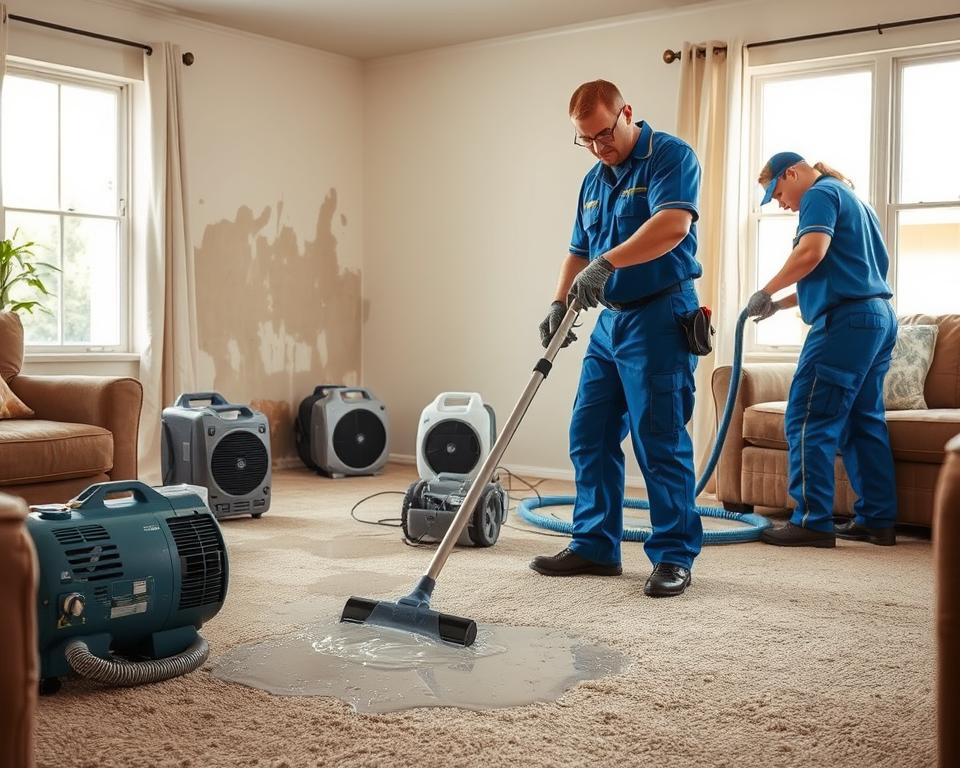 A professional water damage restoration scenario set in a residential living room. In the foreground, a team of two technicians, wearing blue uniforms and safety gear, are actively using specialized water extraction equipment to remove moisture from a carpet. In the middle ground, a soaked corner of the room with water stains visible on the walls, and drying equipment like dehumidifiers and air movers strategically placed. The background shows natural light streaming through a window, illuminating the space and highlighting the details of the affected area. The atmosphere conveys urgency and professionalism, emphasizing the importance of immediate action in restoring the home. The composition is framed at eye-level, enhancing the realism of the scene.