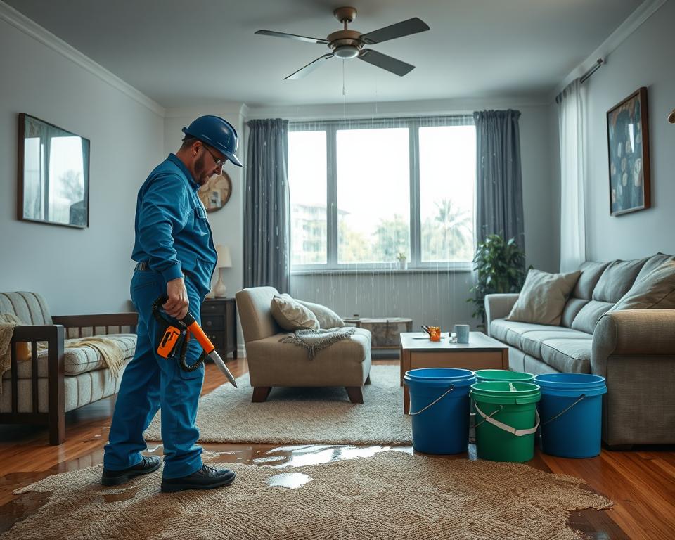 A professional water damage restoration scene in a living room, showcasing the aftermath of a flooding incident. In the foreground, a technician in a blue uniform and safety gear is actively inspecting damaged furniture, holding specialized tools. The middle ground features soaked carpets and water-stained walls, with buckets catching dripping water from the ceiling. In the background, a window shows rain pouring outside, casting a soft, overcast light that highlights the urgency of the restoration work. The atmosphere is serious yet hopeful, emphasizing professionalism and efficiency in tackling water damage. The image should have a realistic focus with a wide-angle lens to capture the entire room effectively, ensuring all elements are clear and detailed for an informative visual.