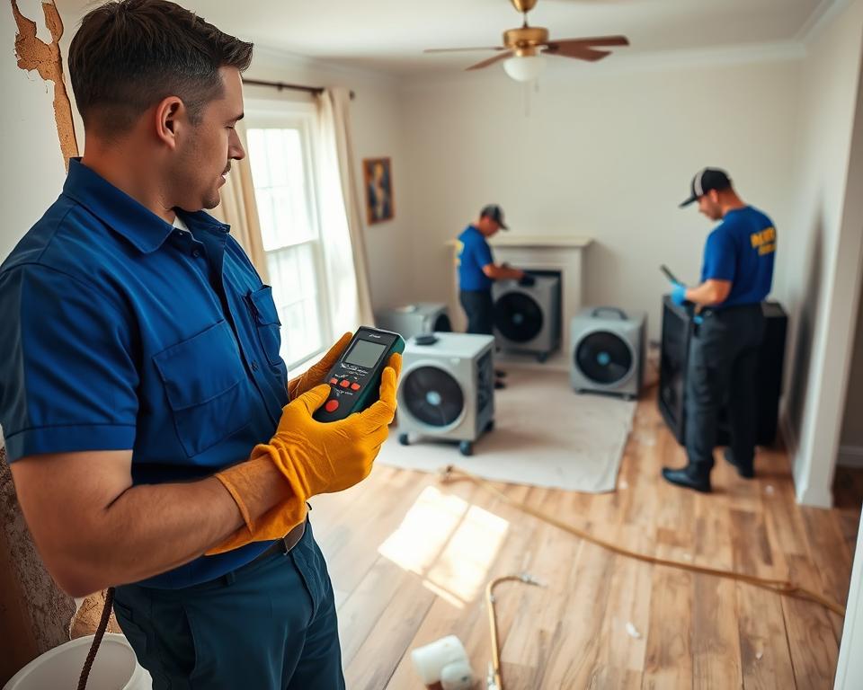 A professional water damage restoration team at work inside a residential home. In the foreground, a technician, dressed in a blue uniform and wearing safety gloves, examines water-damaged drywall, using a moisture meter. In the middle, another team member sets up industrial-grade dehumidifiers and fans strategically in the living room, which shows clear signs of water damage, such as peeling paint and stained flooring. In the background, a window allows soft, natural light to illuminate the scene, creating a hopeful atmosphere. The overall mood conveys professionalism, trust, and diligence in recovering the home from the effects of water damage. The angle is slightly elevated, providing a comprehensive view of the restoration process while maintaining focus on the team’s expertise.