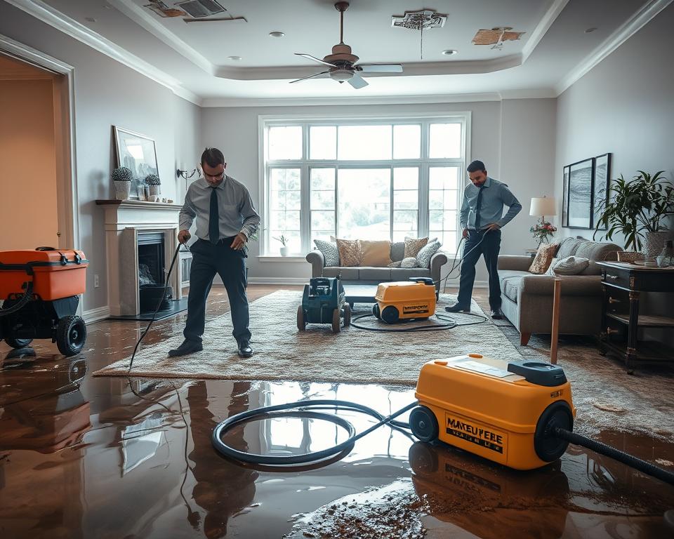 A professional water damage restoration team in action within a flooded residential living room. In the foreground, two technicians dressed in neat, professional business attire are using high-tech equipment such as water extraction machines and moisture meters. The middle layer shows the damaged room, with wet carpets, ceiling stains, and visible water pooling, creating a sense of urgency. In the background, light streams in through large windows, illuminating the scene and highlighting the extent of the water damage. The atmosphere conveys a sense of professionalism and determination as the team works diligently to restore the home. Overall, the image should evoke trust and reliability in the water damage restoration process.