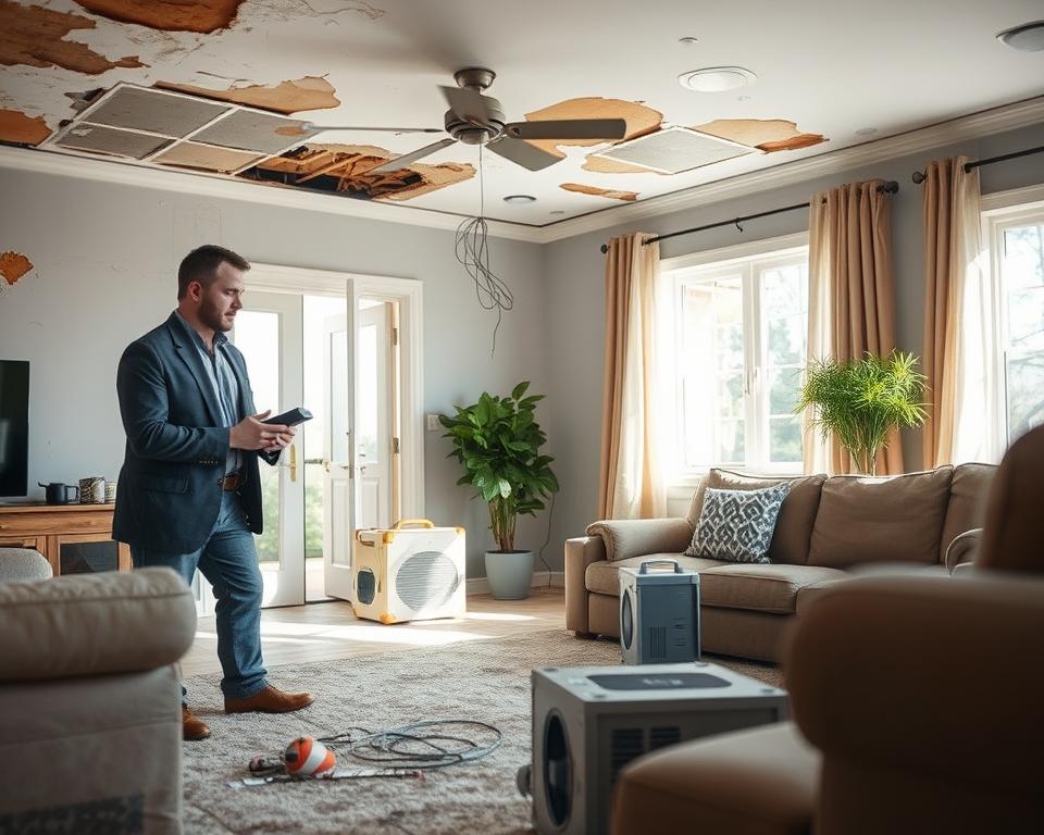 A professional water damage restoration technician inspecting a residential living room with visible water damage on the ceiling and walls. The technician, dressed in smart business attire with safety gear, is using specialized moisture detection tools. In the foreground, include damaged furniture and water-stained carpets. The middle ground shows a partially dried area with restoration equipment like dehumidifiers and fans, emphasizing a work-in-progress scene. The background displays an open window with daylight streaming in, casting soft shadows, creating a hopeful atmosphere. The overall mood conveys professionalism and trust, highlighting the importance of expert services in restoring homes after water damage.