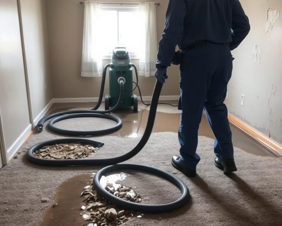 A professional water extraction technician in a blue uniform uses a powerful vacuum system to remove water from a flooded basement in a residential home in Almena, WI. In the foreground, the technician inspects the water-damaged carpet, revealing water-logged debris and moisture. The middle of the scene shows water extraction equipment with hoses snaking across the floor, while the background features damp walls with peeling paint, highlighting the extent of the damage. Soft, natural lighting streams in through a nearby window, creating a sense of urgency yet professionalism. The atmosphere is focused and industrious, capturing the essence of a thorough water damage restoration process in progress.