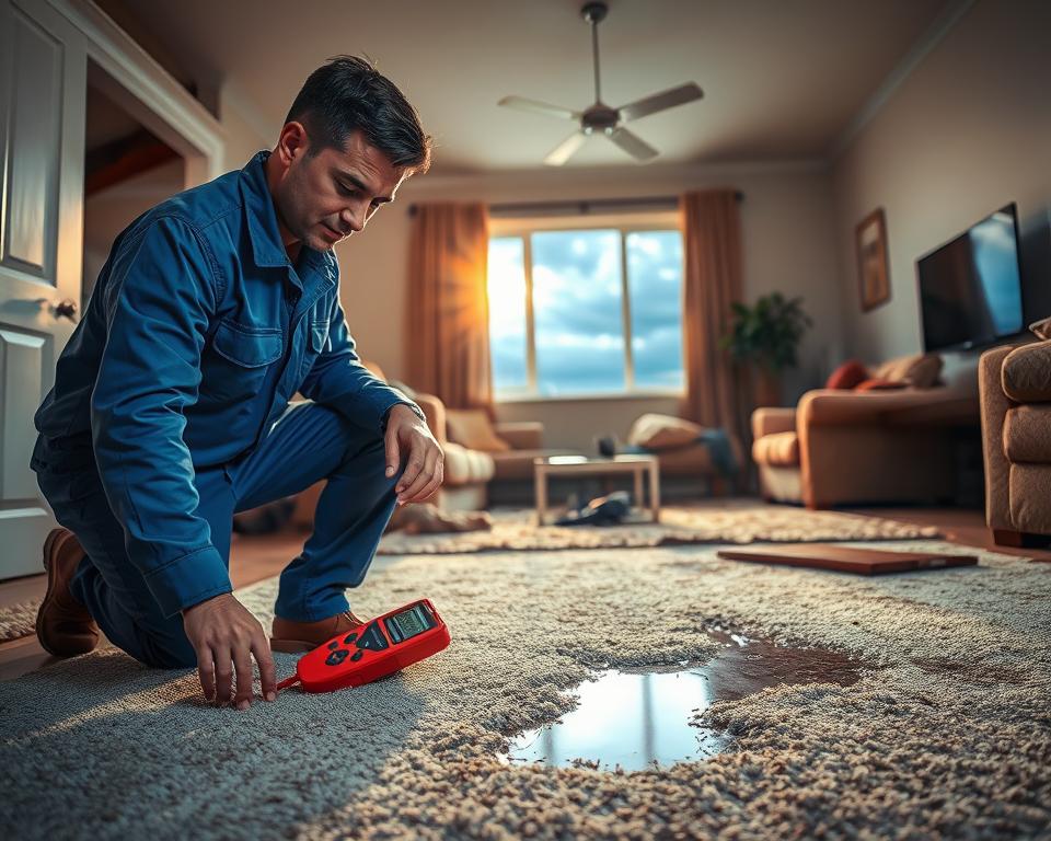 A realistic scene depicting a residential water damage restoration process in a living room. In the foreground, a professional restoration technician in a blue uniform carefully inspects a water-damaged carpet with a moisture meter. The technician's focused expression emphasizes the importance of a quick response. In the middle, water stains are visible on the walls and ceiling, while furniture is moved aside, revealing wet areas. In the background, sunlight streams through the windows, casting a warm glow that contrasts with the cool blues of the stormy sky outside. The atmosphere conveys urgency and professionalism, capturing the crucial nature of prompt restoration efforts. The angle should be slightly elevated, showcasing both the technician and the extent of the damage while ensuring a clear, unobstructed view.