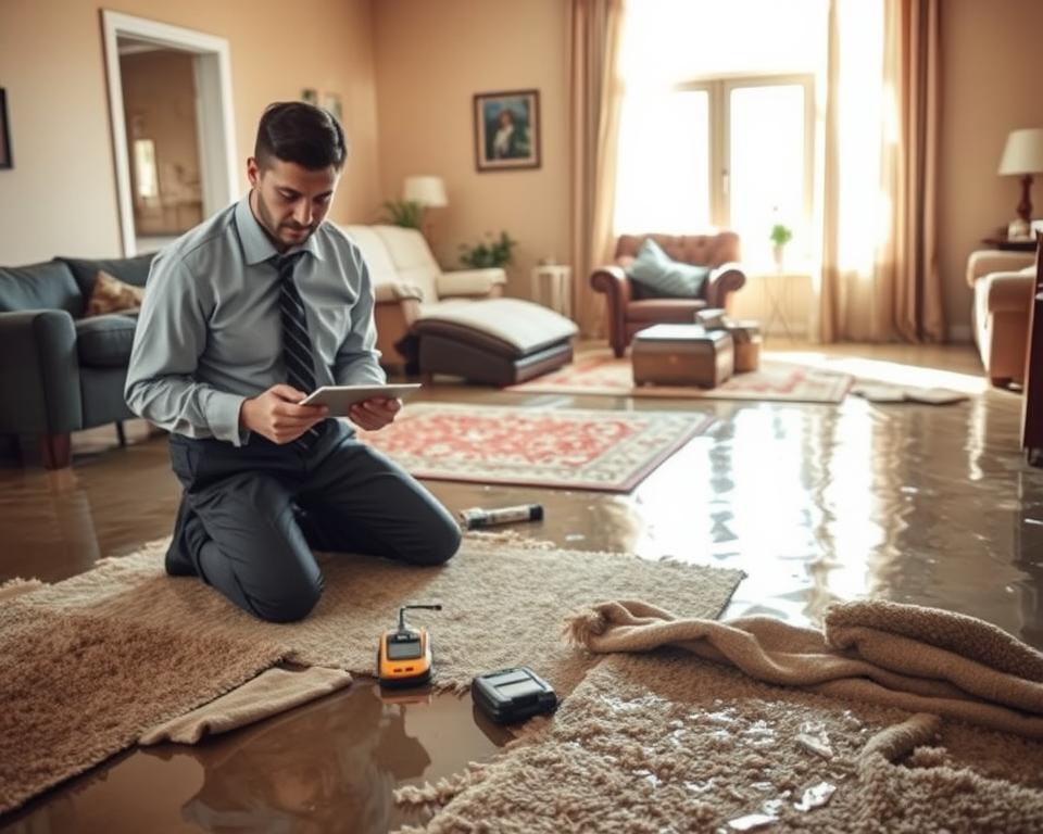 A realistic scene depicting two water damage restoration specialists, dressed in professional business attire, actively assessing a flooded residential living room. In the foreground, they kneel on a soaked carpet, using moisture meters and notepads to document the extent of the damage. The middle ground features overturned furniture and water-drenched rugs, emphasizing urgency and chaos. In the background, sunlight streams through a partially open window, creating a contrast between the bright atmosphere and the distressing situation. The room's warm tones highlight the unfortunate state, while the specialists' focused expressions convey a sense of determination and professionalism. The overall mood reflects the importance of immediate action in water damage restoration.
