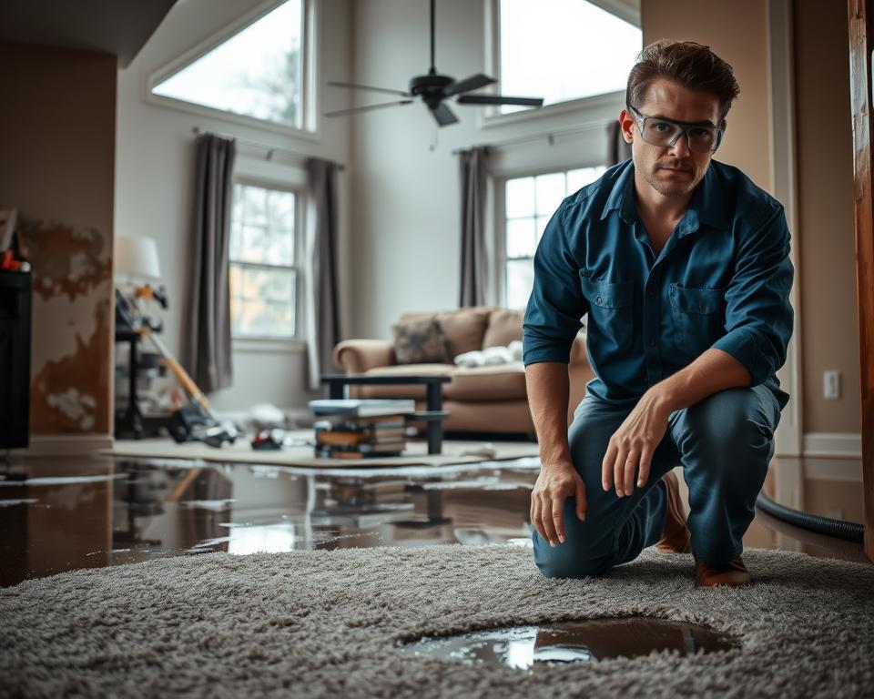 A realistic scene depicting water damage cleanup in a residential home in Sarona, WI. In the foreground, a professional restoration technician wearing a blue shirt and safety goggles surveys the damage, kneeling beside a soaked carpet. The middle layer features a living room with peeling paint, water-stained walls, and items like furniture and books partially submerged in water puddles. In the background, a window reveals a rainy, overcast sky casting a gloomy, diffused light across the room. The atmosphere is tense yet focused, conveying urgency as the technician prepares to begin the restoration process, highlighting the impact of water damage on a home.