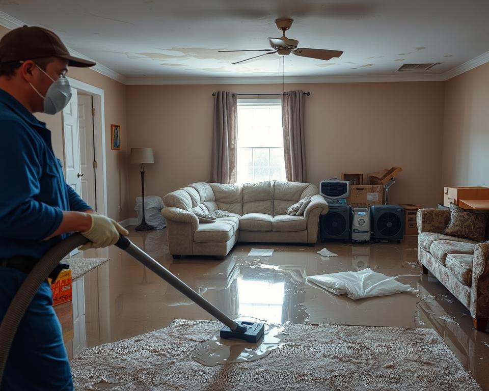 A realistic scene of a water-damaged living room in a suburban home, showcasing the aftermath of a flooding incident. In the foreground, a professional restoration technician in a blue uniform, wearing gloves and a safety mask, using a wet vacuum to extract water from the carpet. In the middle ground, damaged furniture soaked and warped, with visibly peeling paint on the walls and water stains on the ceiling. Minimal lighting filters through a window, creating a somber yet hopeful atmosphere, highlighting the urgency of restoration efforts. In the background, boxes and equipment such as dehumidifiers and fans are visible, emphasizing the process of restoring the home to its original state. The composition captures the essence of immediate action required for effective water damage restoration.