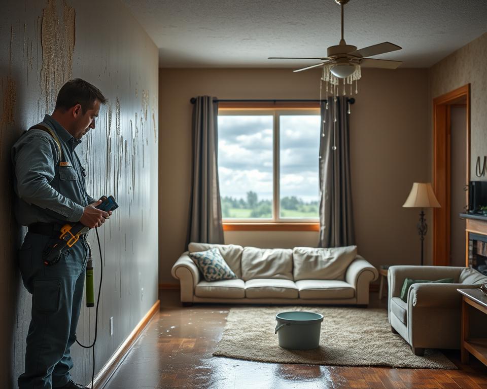 A realistic scene showcasing a residential home in Shell Lake, WI, experiencing water damage restoration. In the foreground, a water technician in professional attire examines a damp wall, holding tools and equipment. Water stains and peeling paint are visibly present on the walls. The middle layer depicts a flooded living room with soaked furniture, and a bucket collecting dripping water from the ceiling. In the background, a window reveals cloudy skies, enhancing the mood of urgency and concern. Soft, natural lighting filters through the window, creating shadows that highlight the damage. The atmosphere conveys the seriousness of water damage, emphasizing the need for immediate restoration efforts while ensuring it remains a safe and professional depiction.