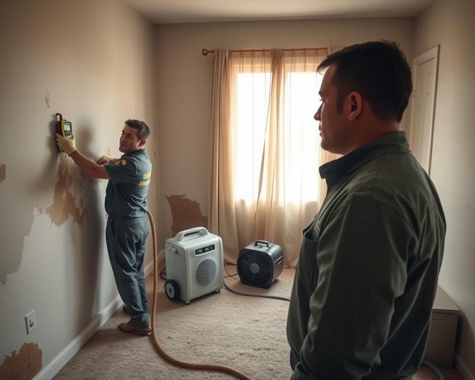 A realistic scene showcasing water damage restoration in a residential setting. In the foreground, a professional restoration technician in a company uniform inspects a damp wall, using a moisture meter, while wearing protective gloves. In the middle ground, tools and equipment like a dehumidifier and fans are actively drying the carpet and walls. The background features a partially covered window allowing soft, natural light to illuminate the room, highlighting the damaged areas, such as peeling paint and water stains. The mood is serious and professional, reflecting the importance of effective restoration, with a focus on safety and thoroughness in addressing water damage. The angle is slightly elevated, providing a comprehensive view of the restoration efforts.