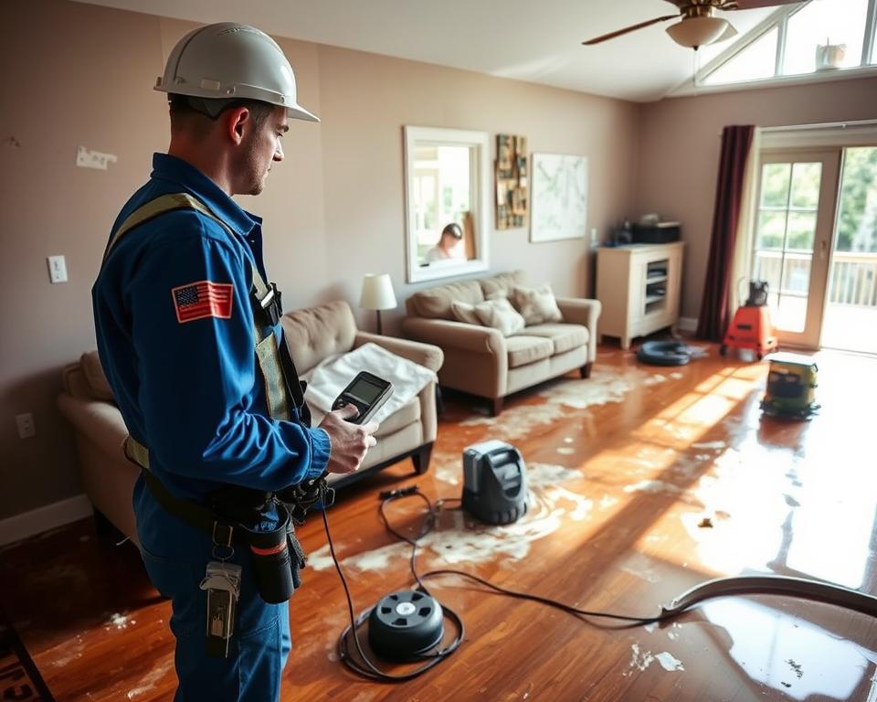 A residential interior scene depicting certified water damage restoration efforts. In the foreground, a professional restoration technician in a blue uniform and safety gear inspects water-damaged drywall and flooring, holding a moisture meter. The middle ground features soaked furniture, with water stains on walls and a small pump extracting water. In the background, sunlight filters through broken windows, illuminating the aftermath of a recent flood, while safety equipment is carefully arranged. The atmosphere conveys a sense of urgency yet professionalism, with a focus on the meticulous process of assessing and restoring water-damaged areas. Utilize natural lighting to highlight details, with a slightly shallow depth of field to emphasize the technician's careful work.