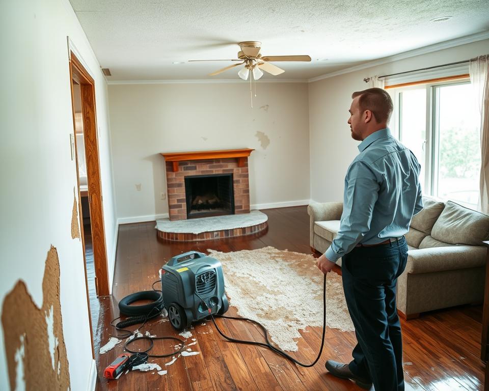 A residential interior scene depicting water damage restoration in a home in Harris Township, Minnesota. In the foreground, a professional restoration technician wearing business attire examines a water-damaged wall, with tools such as a moisture meter and dehumidifier present. In the middle ground, the living room shows signs of recent flooding: wet carpets, peeling paint, and visible water stains on walls. The background features an open window letting in natural light, highlighting the urgency of restoration. The overall mood is one of focused activity, emphasizing the importance of swift action. The lighting is bright yet soft, creating a serene atmosphere amidst the damage. The angle is slightly above eye level, showcasing the full scope of the restoration efforts without any people or objects out of place.