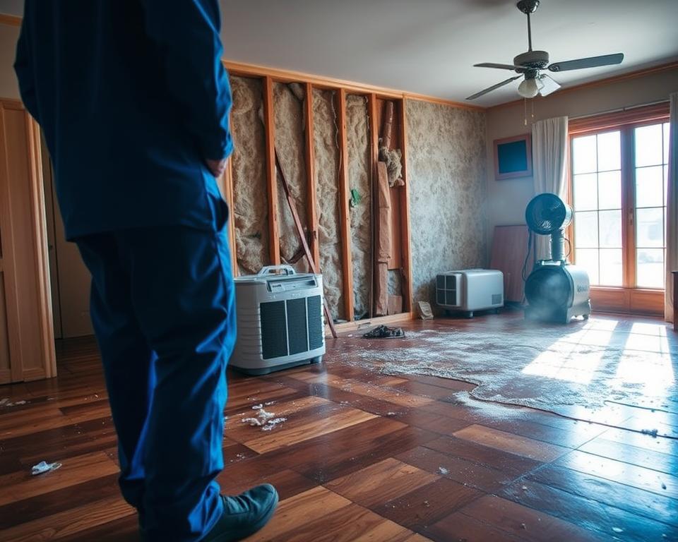A residential interior scene in Chetek, WI, depicting the aftermath of water damage restoration. In the foreground, a professional water damage restoration technician in a blue uniform examines waterlogged wooden floorboards. In the middle ground, a partially stripped wall reveals damp insulation, while a dehumidifier and fans work to dry the space. In the background, sunlight streams through a window, illuminating the dust and moisture in the air, creating a somber yet hopeful atmosphere. The color palette features warm earth tones disrupted by cool shades of blue, emphasizing the contrast between damaged areas and ongoing restoration efforts. Capture the scene with a slightly elevated angle, focusing on the technician's careful assessment.