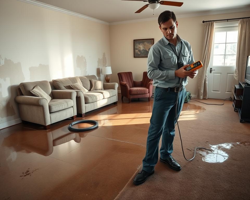 A residential living room affected by substantial water damage, showcasing a partially flooded floor with water stains on the walls. In the foreground, a professional water damage restoration technician in neat work attire is examining the damage, holding a moisture meter. The middle ground features damp furniture, including a soaked sofa and overturned chairs, alongside water extraction equipment visibly in use. The background reveals water-logged walls, peeling paint, and a soaked carpet. Natural sunlight filters in through a window, casting soft shadows, while a warm yet somber atmosphere emphasizes the need for professional restoration. The image should be captured from a low angle to give depth and focus on the technician's work, evoking a sense of urgency for restoration services.