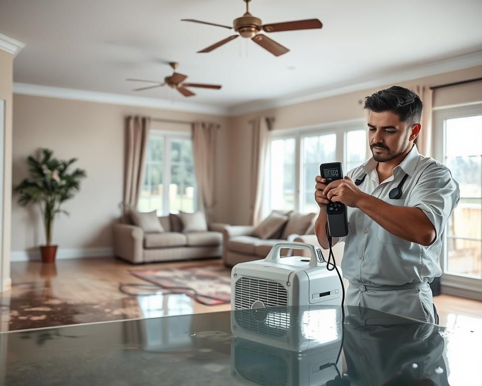 A residential living room affected by water damage, featuring soaked carpets and water stains on the walls. In the foreground, a professional water damage restoration technician in clean work attire is using specialized equipment, such as a moisture meter and industrial dehumidifier. In the middle ground, a large window reveals a rainy day outside, emphasizing the urgency of the situation. The background shows remnants of an overflowing ceiling leak, with droplets still dripping. Soft, natural lighting highlights the technician's focused expression and the water's reflection on the surface. The atmosphere is tense yet hopeful, showcasing the immediate response needed for effective restoration. The overall composition embodies professionalism and urgency in addressing water damage.