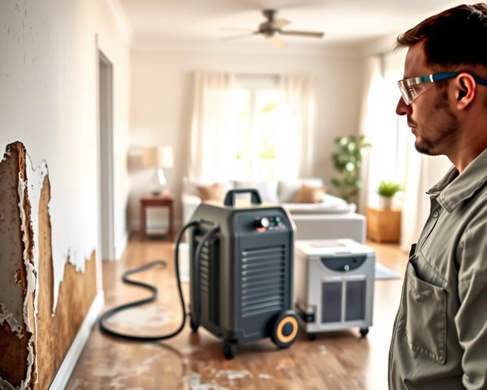 A scene depicting a professional water damage mitigation company in action within a residential setting. In the foreground, a technician in a clean uniform, equipped with safety goggles and gloves, is inspecting water-damaged walls and flooring. The middle section features advanced water extraction equipment and a dehumidifier in use, with visible moisture on the walls and floor indicating recent water damage. In the background, a well-lit, cozy living room space showcases furniture that has been moved to accommodate the restoration effort. Soft, natural lighting filters through a window, emphasizing the urgency of the situation while maintaining a hopeful atmosphere. The overall mood conveys professionalism and a commitment to restoring the home to its former condition, without text, logos, or distractions.