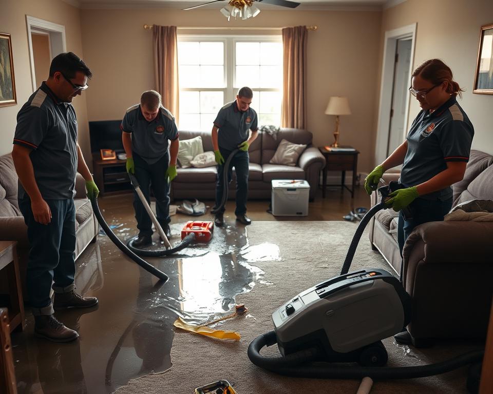 A scene depicting an emergency water damage cleanup in a residential home. In the foreground, a team of two professionals in branded uniforms, wearing gloves and safety goggles, is carefully using a wet vacuum to extract water from a flooded living room. The middle features furniture moved aside, revealing damp carpet and partially removed baseboards, with tools and equipment scattered about. The background shows a window with subtle sunlight illuminating the space, highlighting the urgency of the situation. The atmosphere is tense yet focused, reflecting the expertise of local professionals in Pine City, MN. The image should be realistic, with a shallow depth of field to emphasize the team at work while softly blurring the background.
