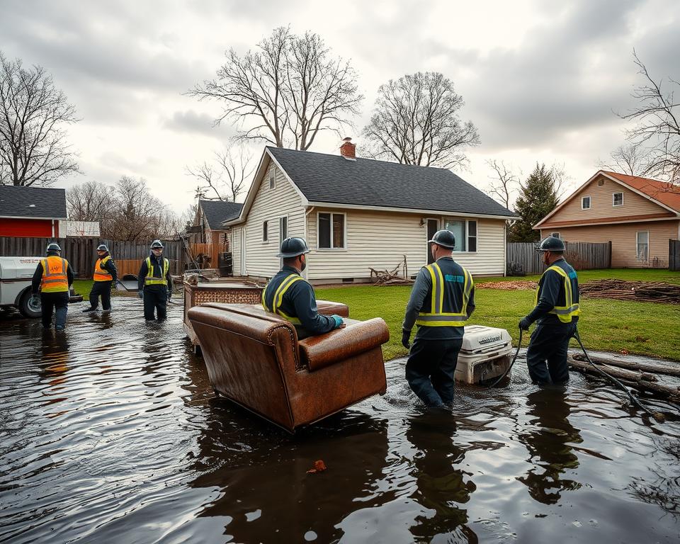 A scene of flood damage cleanup in a suburban neighborhood in Rush City, MN, after a recent storm. In the foreground, a team of professionals in uniforms, equipped with water extraction equipment and protective gear, is removing waterlogged furniture and debris from a home. The middle ground features a partially submerged house with visible water stains on the exterior and a damaged yard, full of wet grass and broken branches. In the background, overcast skies suggest lingering clouds after the storm, with a hint of sunlight breaking through. The mood is one of urgency and resilience, captured in a slightly wide-angle shot to emphasize the scale of the damage and the restoration efforts. Natural lighting highlights the water's reflective surface, showcasing the cleanup process in action.
