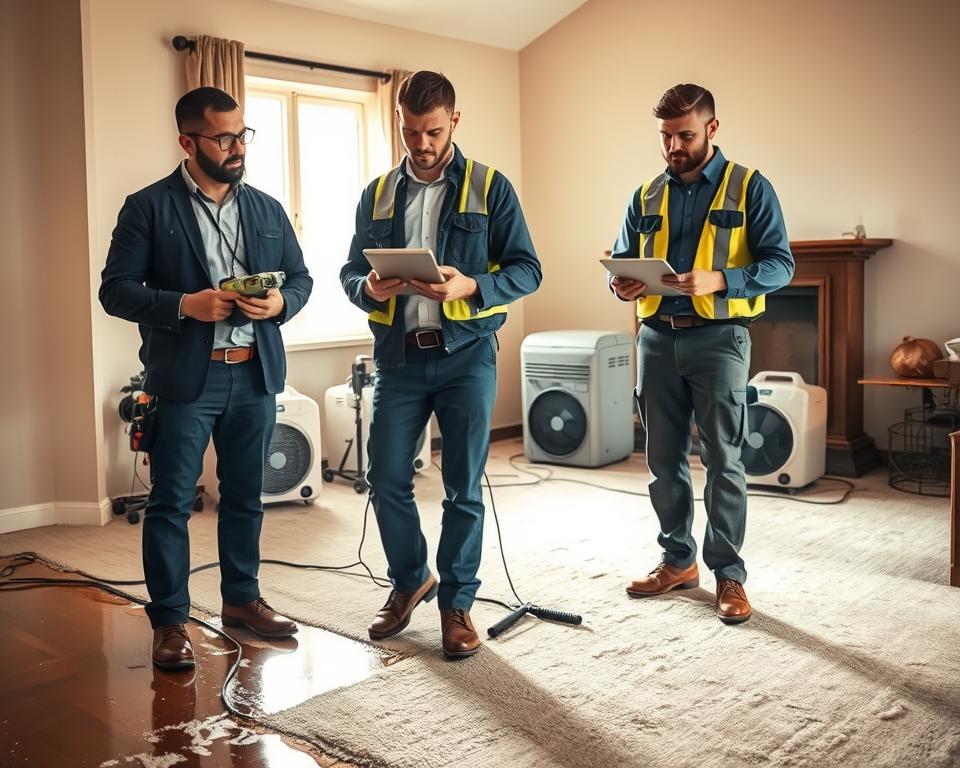 A team of certified water damage restoration professionals working diligently in a residential setting. In the foreground, two technicians wearing professional business attire and safety gear assess water damage in a living room, revealing wet carpet and discolored walls. One technician holds a moisture meter while the other documents findings on a tablet. In the middle ground, restoration equipment like dehumidifiers and fans are positioned to facilitate drying. The background shows a bright, sunlit window, enhancing the atmosphere of hope and professionalism. The lighting is warm and soft, creating a welcoming yet serious mood, reflecting the importance of expert intervention in restoration. The image captures the essence of teamwork and expertise in home restoration.