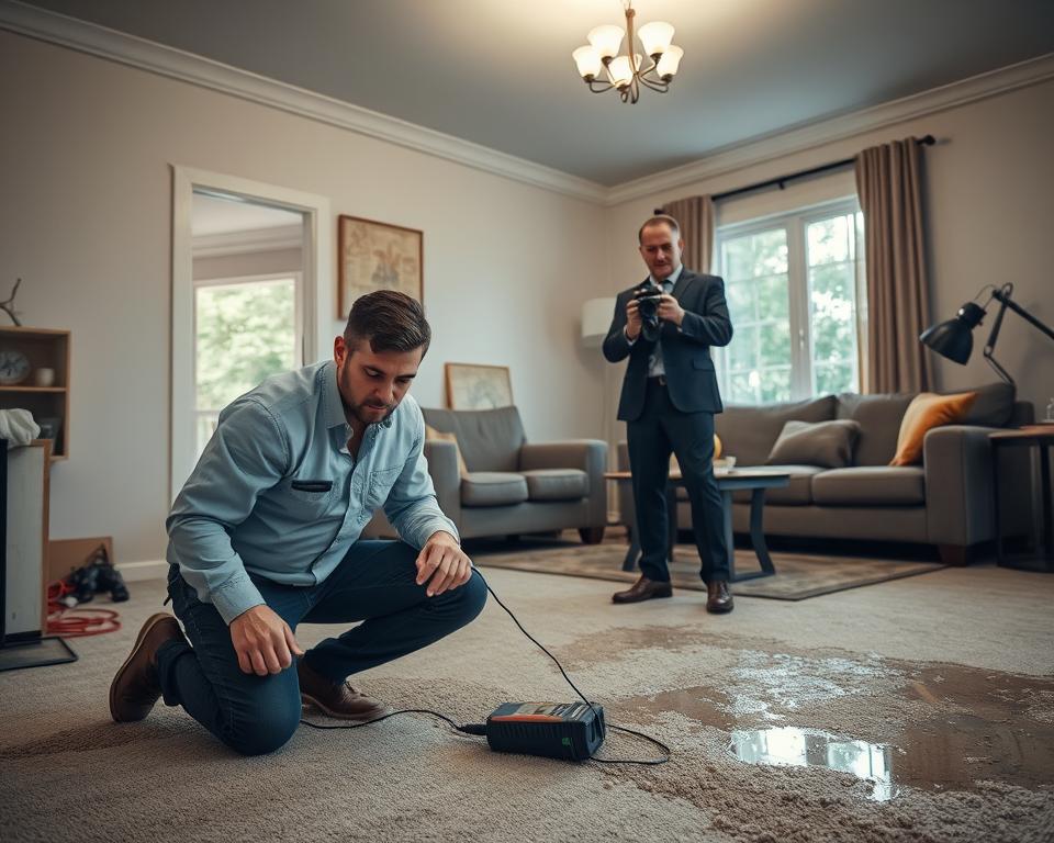 A team of two water extraction specialists in professional business attire, actively assessing water damage in a residential living room. In the foreground, one technician kneels next to a wet carpet, using a moisture meter, while the other stands nearby holding a digital camera to document the damage. The middle ground features large water stains on the walls and furniture being carefully moved to assess the situation. In the background, harsh overhead lighting illuminates the scene, creating sharp contrasts that highlight the severity of the water damage. The atmosphere is serious yet focused, emphasizing the urgency of restoration efforts in a realistic home environment. The composition includes natural elements from outside, through a window, hinting at a rainy day.