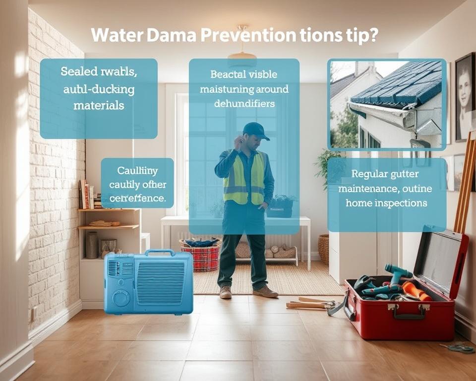 A visually informative scene depicting various water damage prevention tips within a residential setting. In the foreground, a home’s basement shows a keen focus on moisture-resistant materials—sealed walls and shelves stocked with dehumidifiers. In the middle, practical tips are illustrated: clearly visible caulking around windows, regular gutter maintenance depicted by a person in professional attire inspecting gutters, and a well-organized toolbox suggesting routine home inspections. The background features a bright, well-lit interior emphasizing cleanliness and organization, showcasing the overall importance of a proactive approach. The atmosphere is one of safety and preparedness, using soft, natural lighting to enhance the feeling of a protective, homey environment.