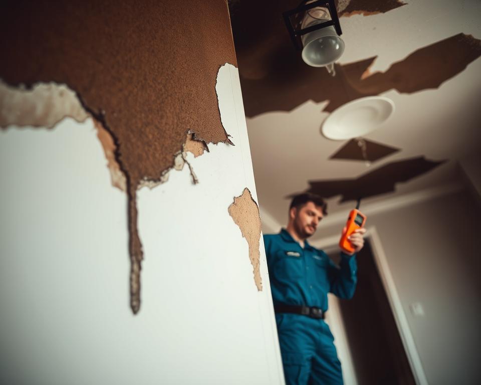 A visually striking image showcasing the signs of water damage restoration inside a typical residential home. In the foreground, a close-up of a wall with peeling paint and water-stained sections, revealing clear signs of moisture intrusion. In the middle ground, a professional technician, dressed in a blue uniform, inspects the area with a moisture meter, focused on the damage. The background features darkened areas on the ceiling and water drips from a light fixture, creating a sense of urgency. Soft, diffused lighting enhances the somber mood, suggesting a critical situation. Capture from a slightly angled perspective to emphasize the depth of the damage and the technician's efforts in restoration. The overall atmosphere is one of concern but also professionalism, reflecting the importance of timely intervention in water damage scenarios.